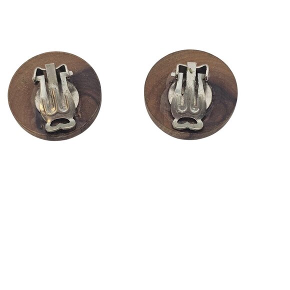 VTG Clip On Earrings Round Hugger Brown Brushed Wood Boho Cottage Core Chunky - Picture 8 of 10